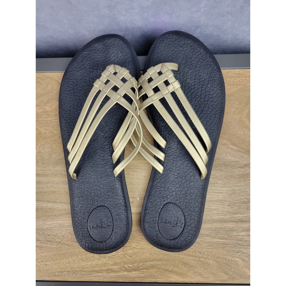 Sanuk Yoga Sling 2‎ Sandals Gold Metallic Straps Black Footbed Flip Flops